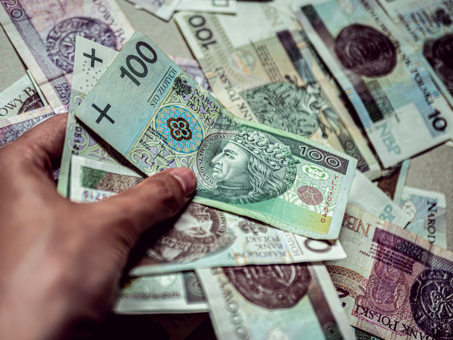 A hand holding Polish Zloty banknotes, depicting currency and finance.