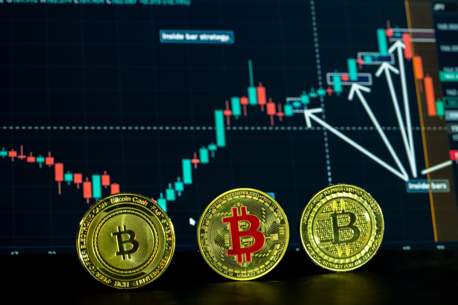Close-up of Bitcoin coins with a financial trading graph in the background, showcasing digital currency dynamics.