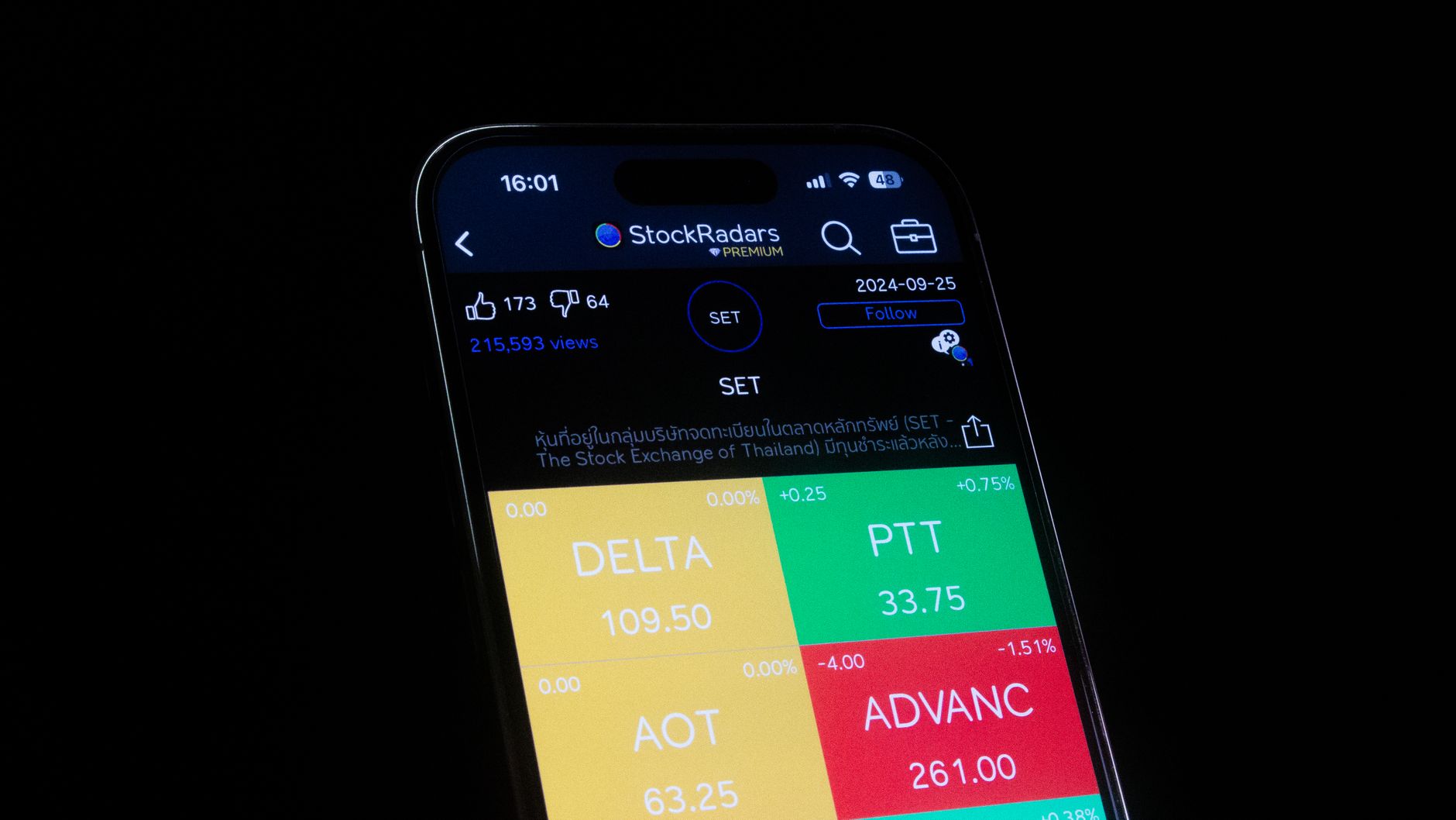 Close-up of a smartphone showing stock market data on a financial app screen.