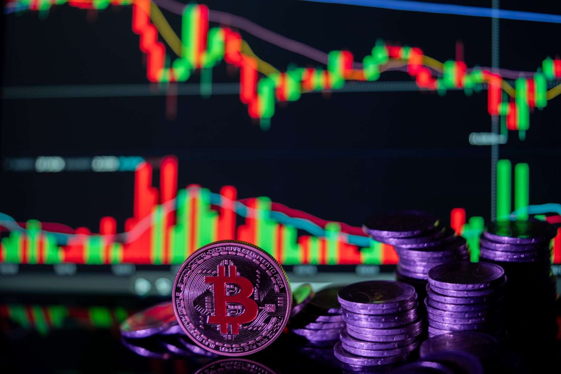 Bitcoin coin with fluctuating financial graph depicting cryptocurrency market trends.